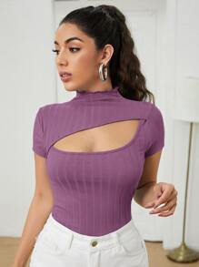 SHEIN Privé 鏤空細節素色T恤 - 淡紫色 - 查看 1