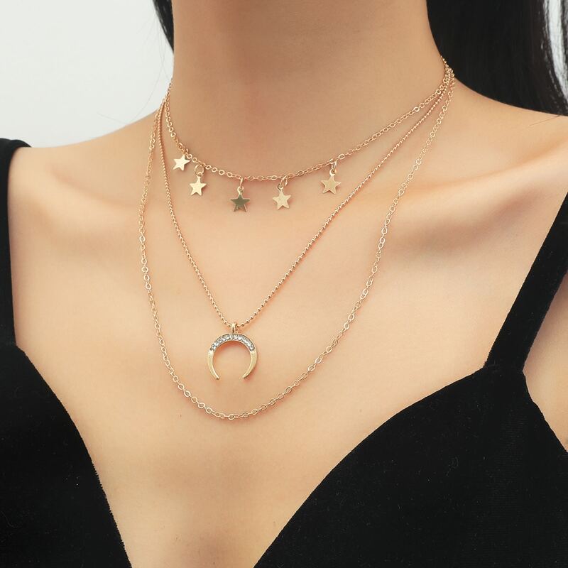 

Moon Pendant Layered Chain Necklace, Gold