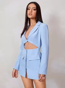 Muchica 秋冬翻领翻领口袋镂空西装外套 - 淺藍色 - 查看 4