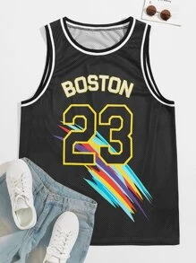 Manfinity VCAY Hombres Top tank con estampado de letra de malla ringer - Negro - Ver 1