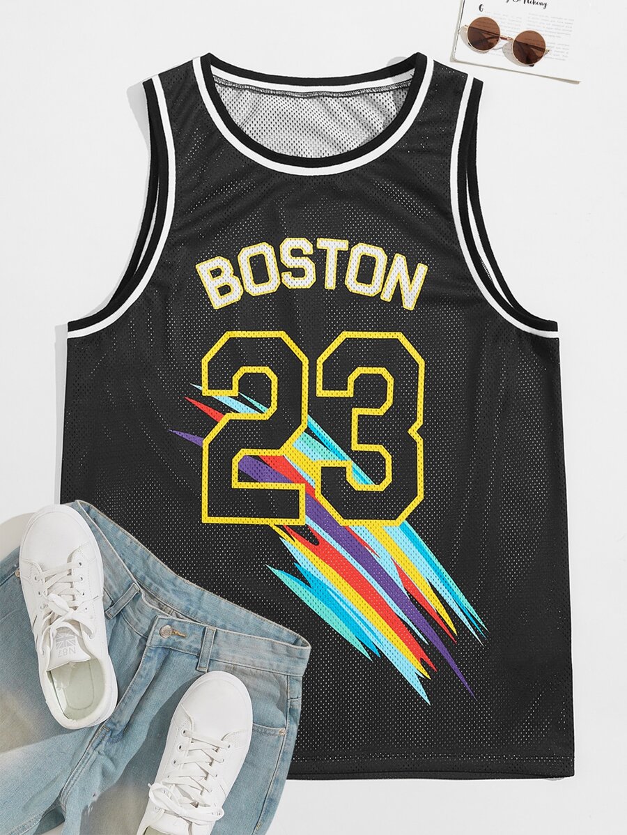 Manfinity VCAY Hombres Top tank con estampado de letra de malla ringer - Negro - Ver 1