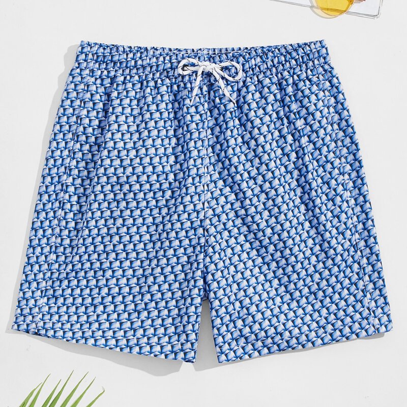 

Guys Allover Print Drawstring Waist Swim Trunks, Blue