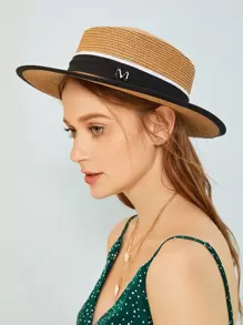Metal Letter Decor Straw Hat Elegant - Brown - View 1