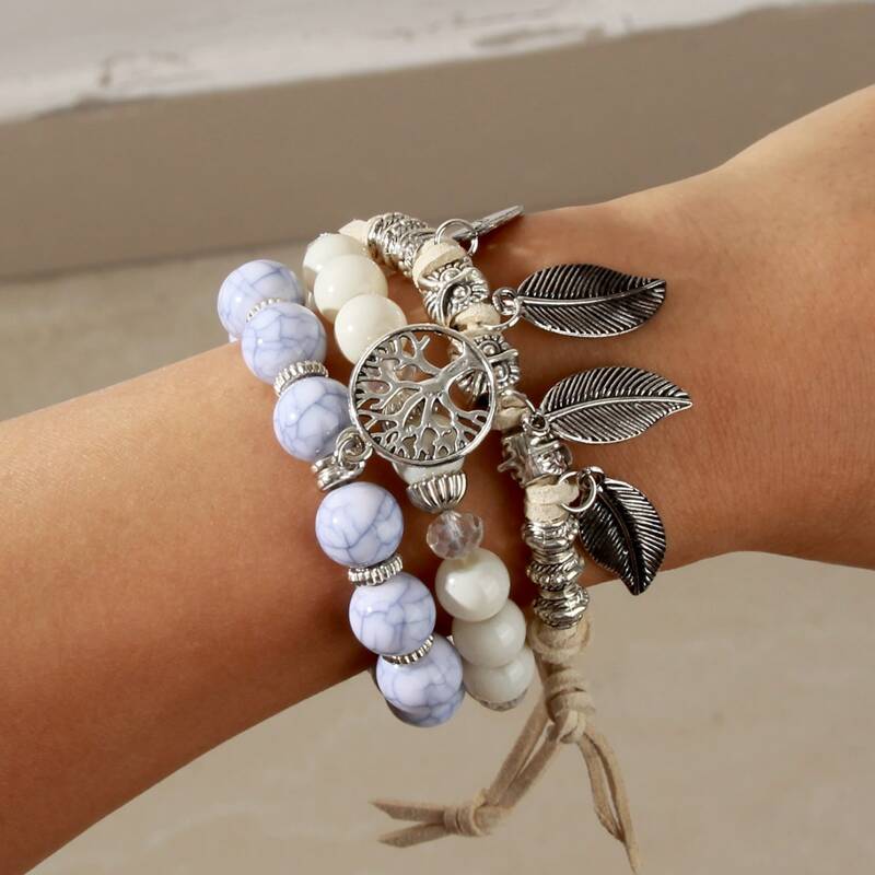 

3pcs Beaded Design Bracelet, Antique silver