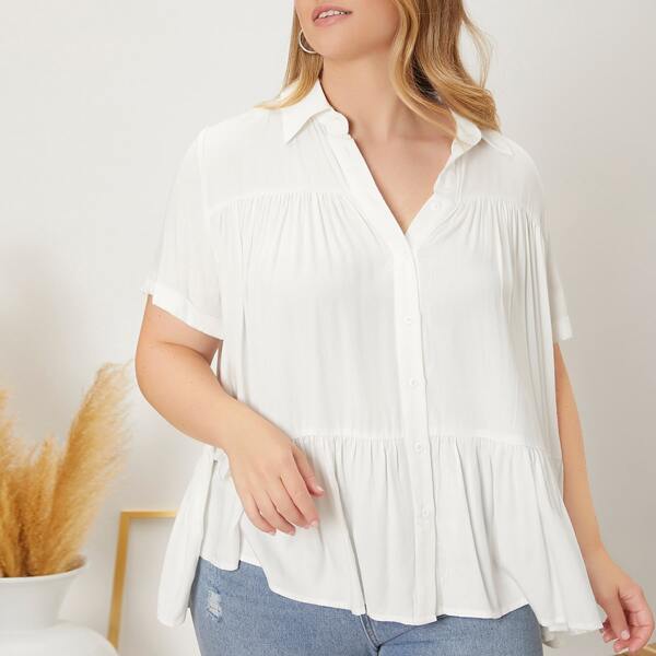 

Plus Ruffle Hem Rolled Up Sleeve Blouse, White
