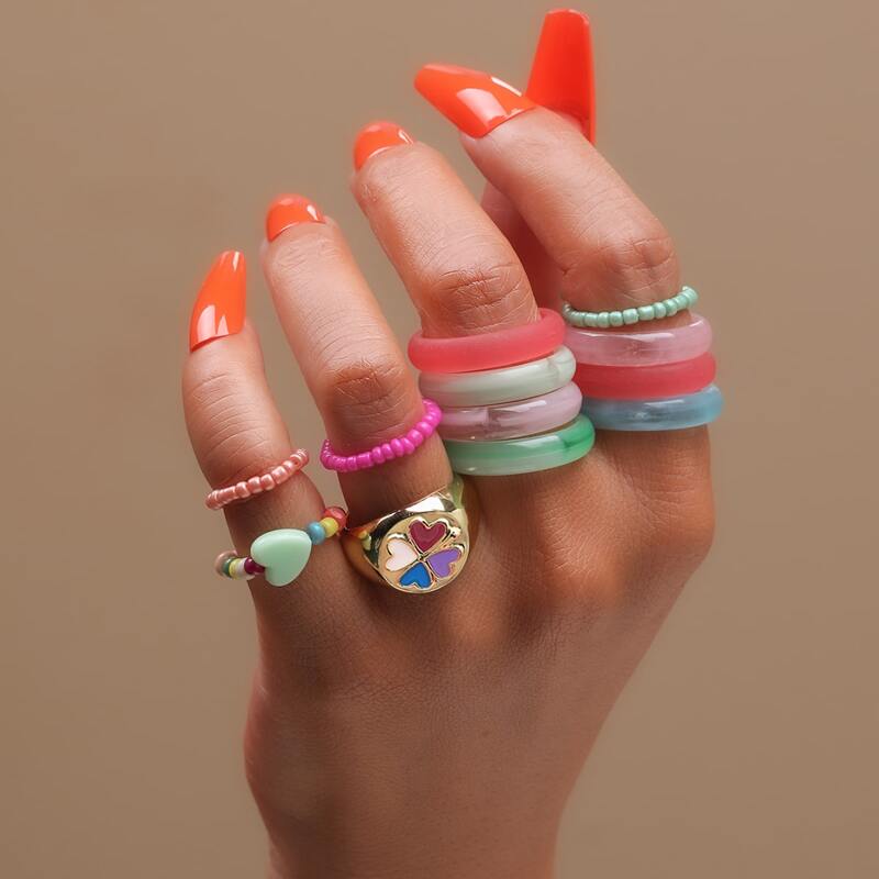 

12pcs Beaded Ring, Multicolor