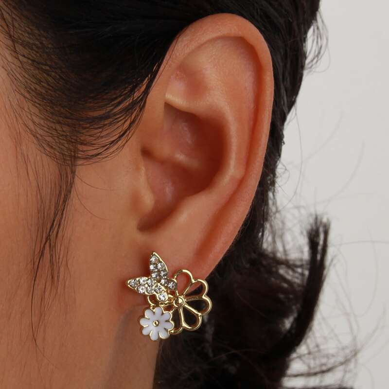 

Rhinestone Decor Floral Design Earrings, Gold