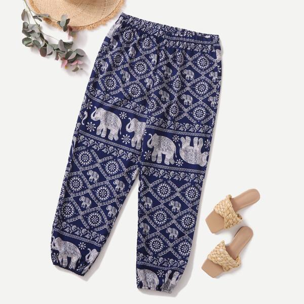 

Plus Elephant Graphic Tapered Pants, Navy blue