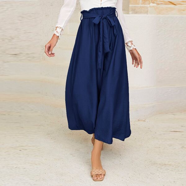 

Paper Bag Waist Belted Skirt, Navy blue