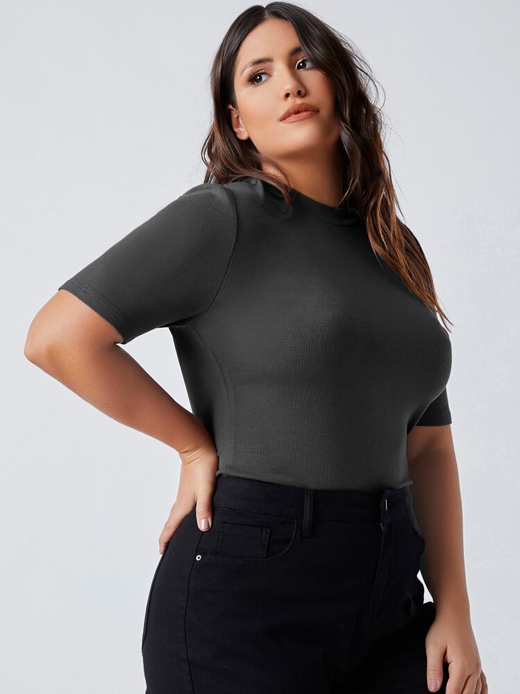 SHEIN BASICS Plus Rib-knit Solid Tee - Dark Grey - View 1