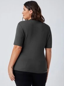 SHEIN BASICS Plus Rib-knit Solid Tee - Dark Grey - View 2