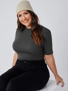 SHEIN BASICS Plus Rib-knit Solid Tee - Dark Grey - View 3
