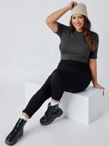 SHEIN BASICS Plus Rib-knit Solid Tee - Dark Grey - View 4
