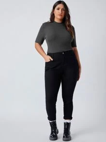SHEIN BASICS Plus Rib-knit Solid Tee - Dark Grey - View 5