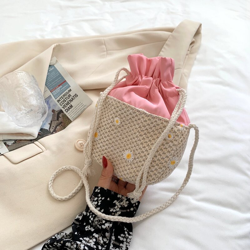 

Daisy Floral Embroidery Woven Bucket Bag, Pink