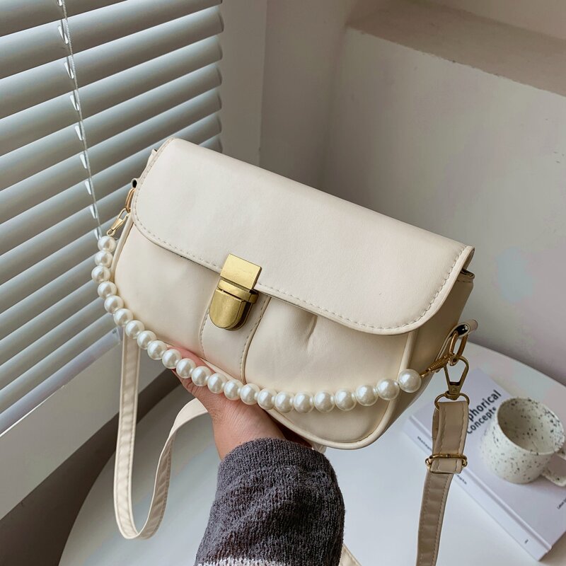 

Faux Pearl Beaded Satchel Bag, White