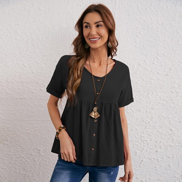 

Button Front Drop Shoulder Peplum Blouse, Black