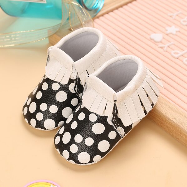 

Baby Girl Tassel Decor Polka Dot Pattern Flats, Black and white