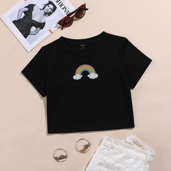 

Rainbow Print Crop Tee, Black