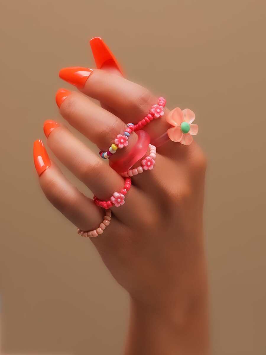 7入組花朵裝飾串珠戒指 - 彩色 - 查看 1
