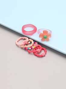 7入組花朵裝飾串珠戒指 - 彩色 - 查看 2