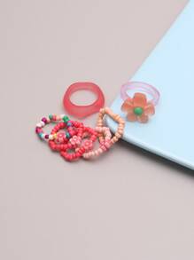7入組花朵裝飾串珠戒指 - 彩色 - 查看 4