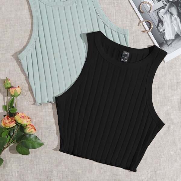 

2 Pack Lettuce Trim Rib-knit Tank Top, Multicolor