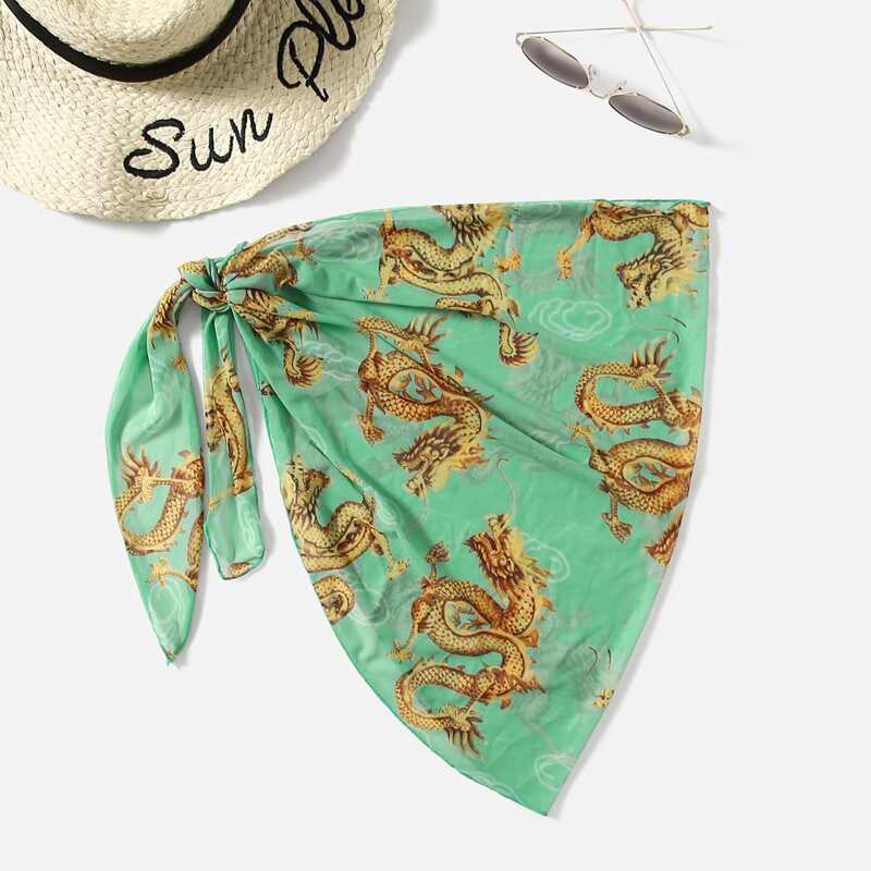 

Chinese Dragon Print Cover Up Skirt, Green