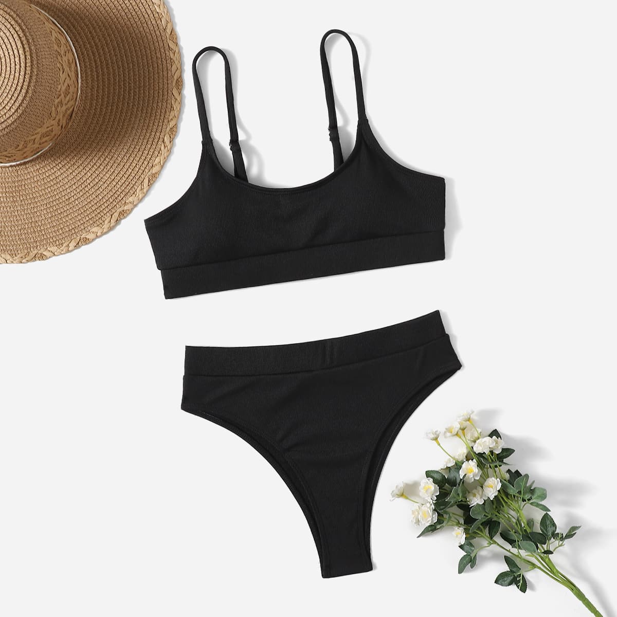 

Solid High Waisted Bikini Swimsuit, Black