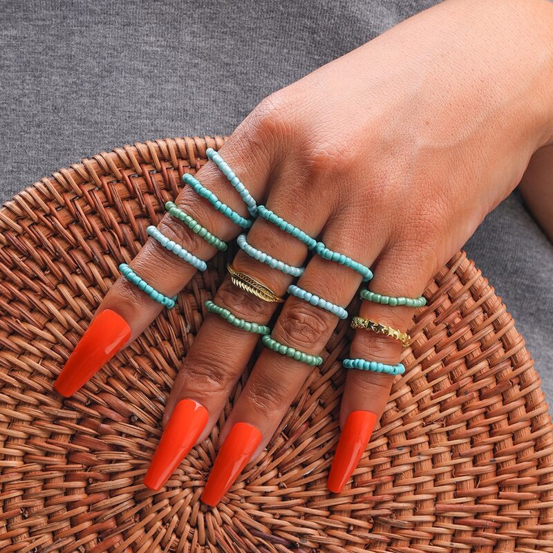 

15pcs Leaf Beaded Ring, Green