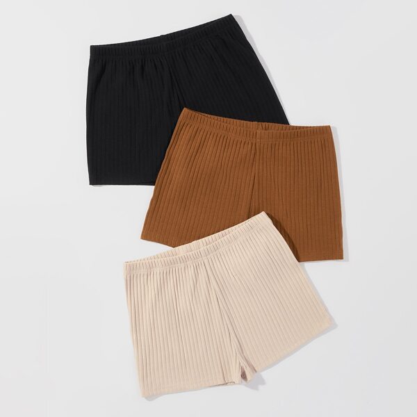 

3pcs Solid Ribbed Knit Biker Shorts, Multicolor