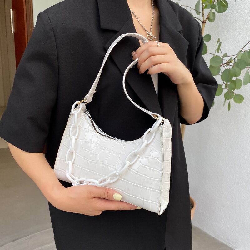 

Chain Decor Croc Embossed Shoulder Bag, White