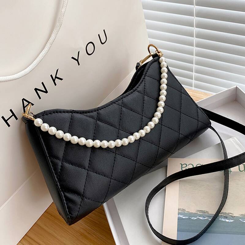 

Faux Pearl Decor Quilted Crossbody Bag, Black