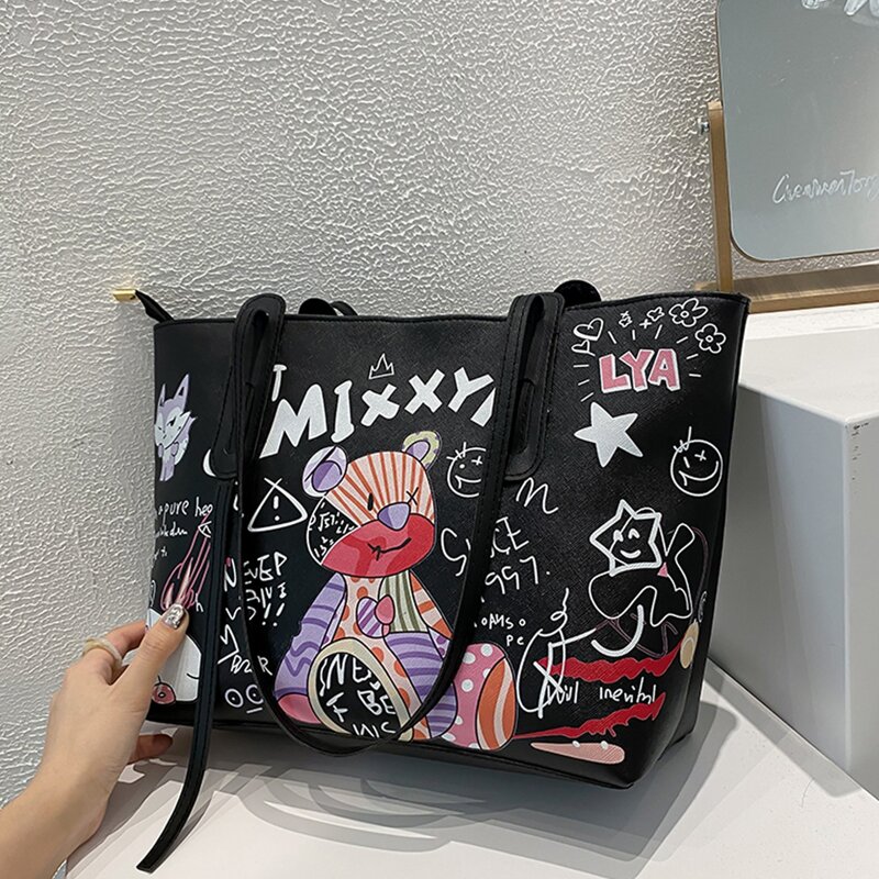 

Cartoon Graphic Tote Bag, Black