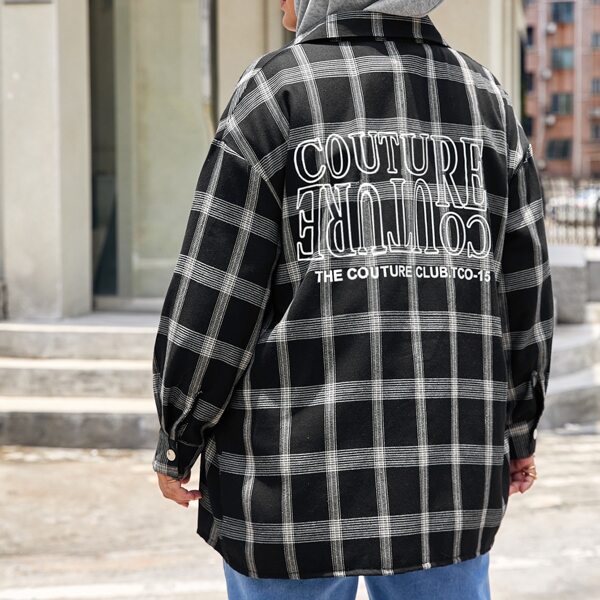 

Plus Plaid Letter Graphic Back Coat, Black