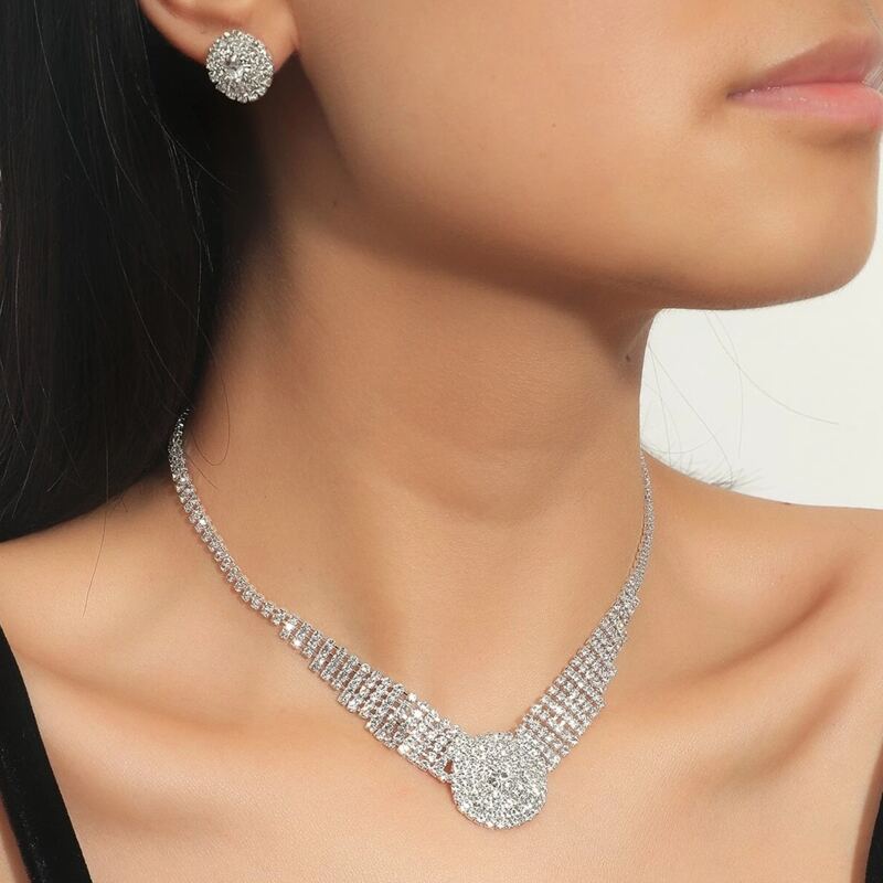 

1pc Rhinestone Decor Necklace & 2pcs Earrings, Silver