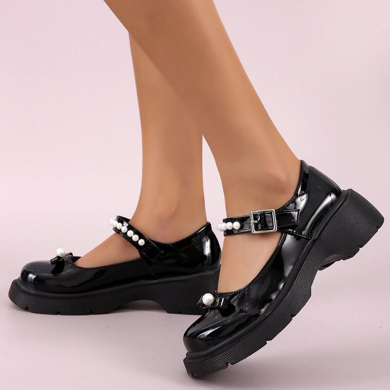

Faux Pearl Decor Wedge Mary Janes, Black