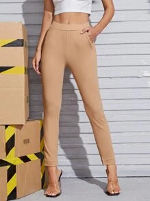 SHEIN PETITE Slant Pocket Skinny Pants - Khaki - View 1