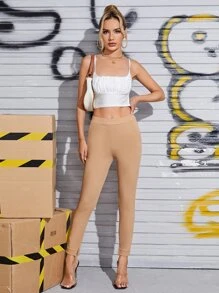 SHEIN PETITE Slant Pocket Skinny Pants - Khaki - View 3