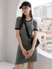 字母圖案撞色滾邊連衣裙 - 灰色 - 查看 3