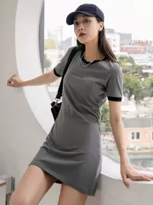 字母圖案撞色滾邊連衣裙 - 灰色 - 查看 5