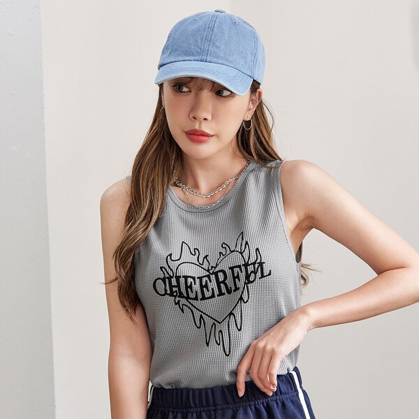 

Heart & Letter Graphic Rib Tank Top, Grey
