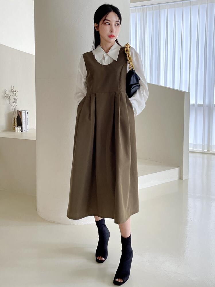 DAZY Solid A-line Dress Without Blouse - Mocha Brown - View 3