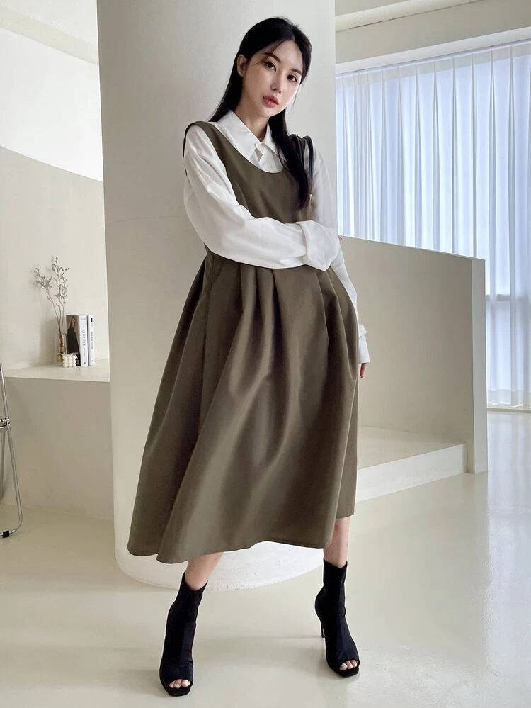 DAZY Solid A-line Dress Without Blouse - Mocha Brown - View 4