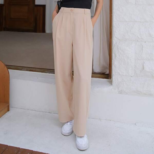 

Solid Button Fly Pants, Khaki