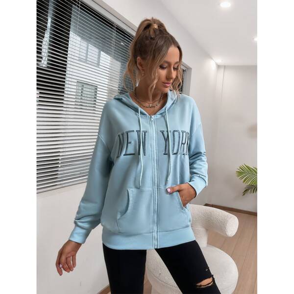 

Letter Embroidery Kangaroo Pocket Zip Up Drawstring Hoodie, Baby blue