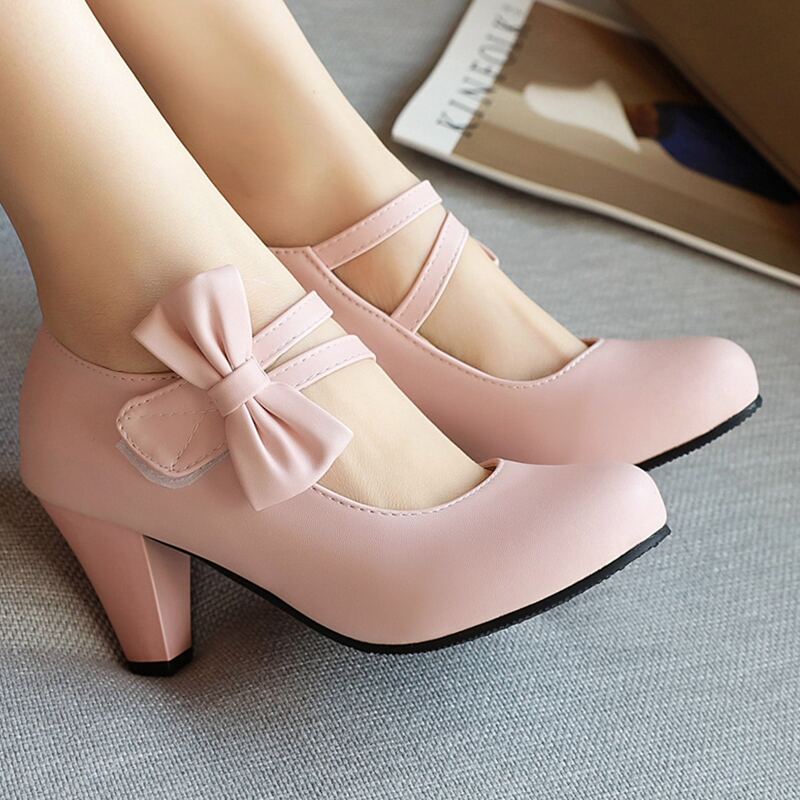 

Minimalist Bow Decor Chunky Heeled Court Pumps, Pink