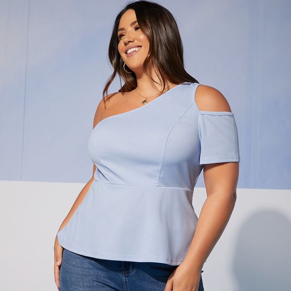 

Plus Cut-out One Shoulder Peplum Top, Baby blue