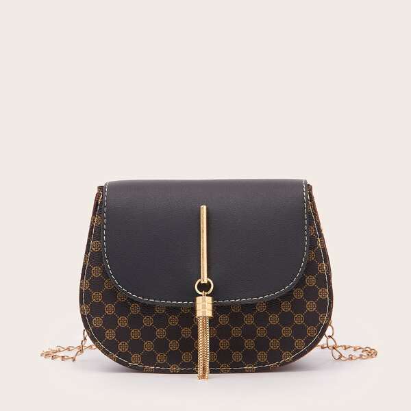 

Tassel Decor Graphic Flap Saddle Bag, Black