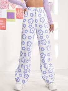 Floral Print High Waist Straight Leg Jeans
